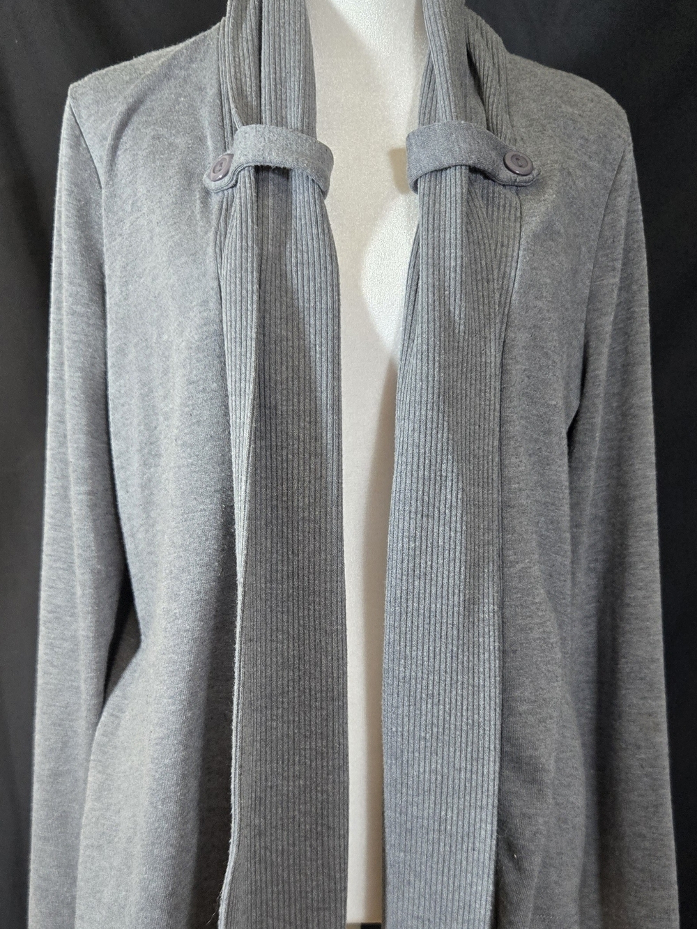 Dress Barn Grey Ribbed-Trim Open Front Cardigan with Button Tabs#728